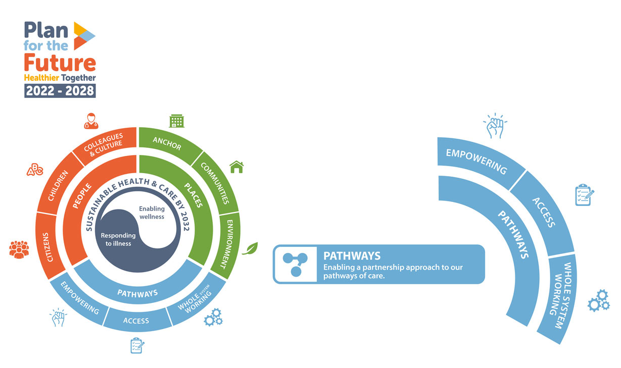 Plan For The Future Pathways banner in pie chart form demonstrating the concepts of whole system working, empowering and access with icons representing each one.